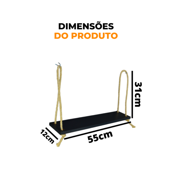 Prateleira Suspensa para decoração com Corda de sisal MDF Preto - Image 4